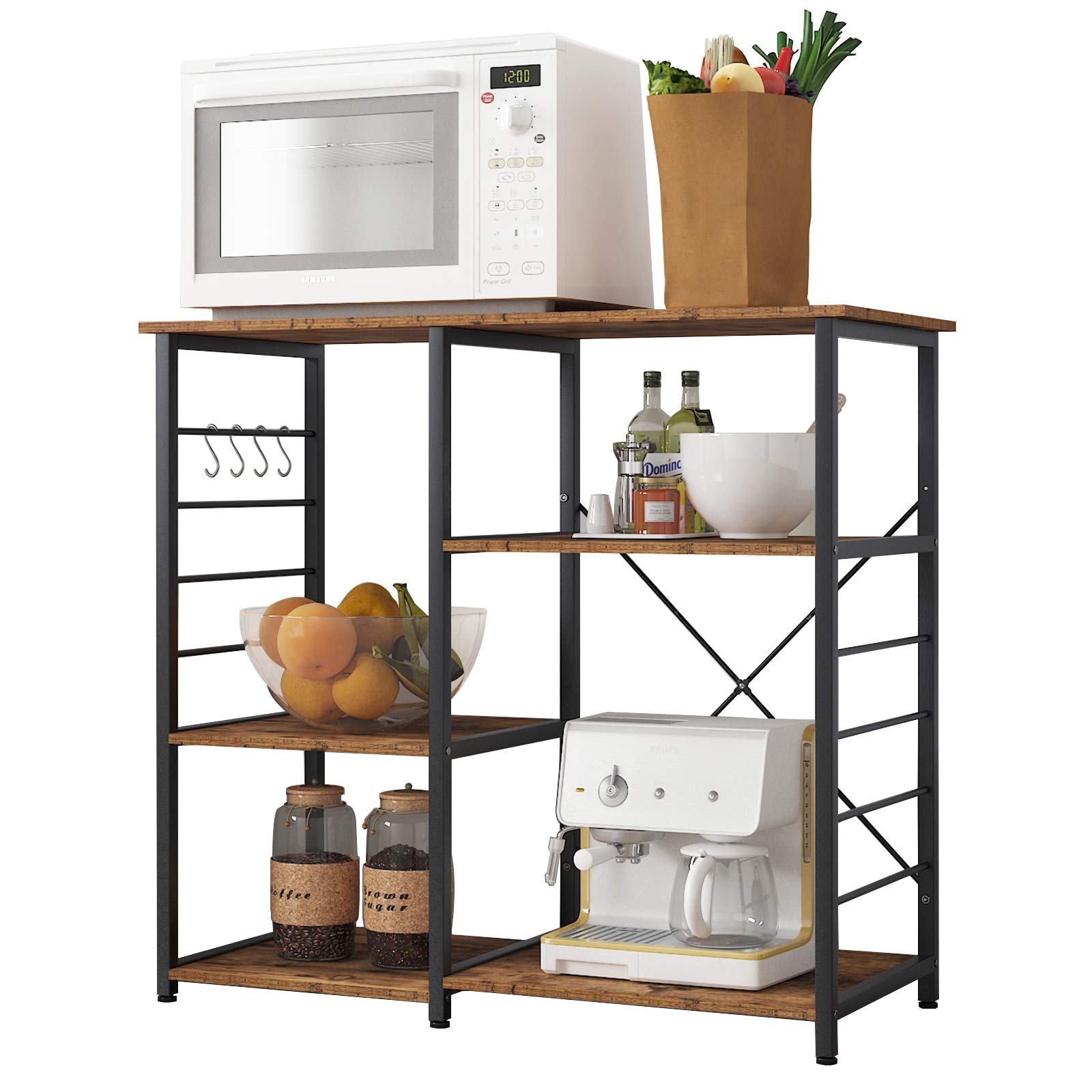 SogesPowerKitchen Baker's Rack, 3-Tier Microwave Stand Storage Rack with Different Height,Vintage Coffee Station with 5 Hooks,Organizer Workstation for Kitchen, Living Room and Corridor