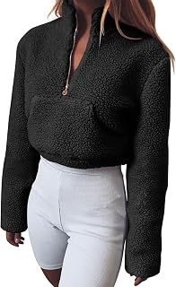 Nileco Long Sleeve Half Zip Sweatshirt Shaggy Fake Fur Tops,Women's Lambswool Crop Pullover,Warm Fuzzy Solid Color Jacket Pullover