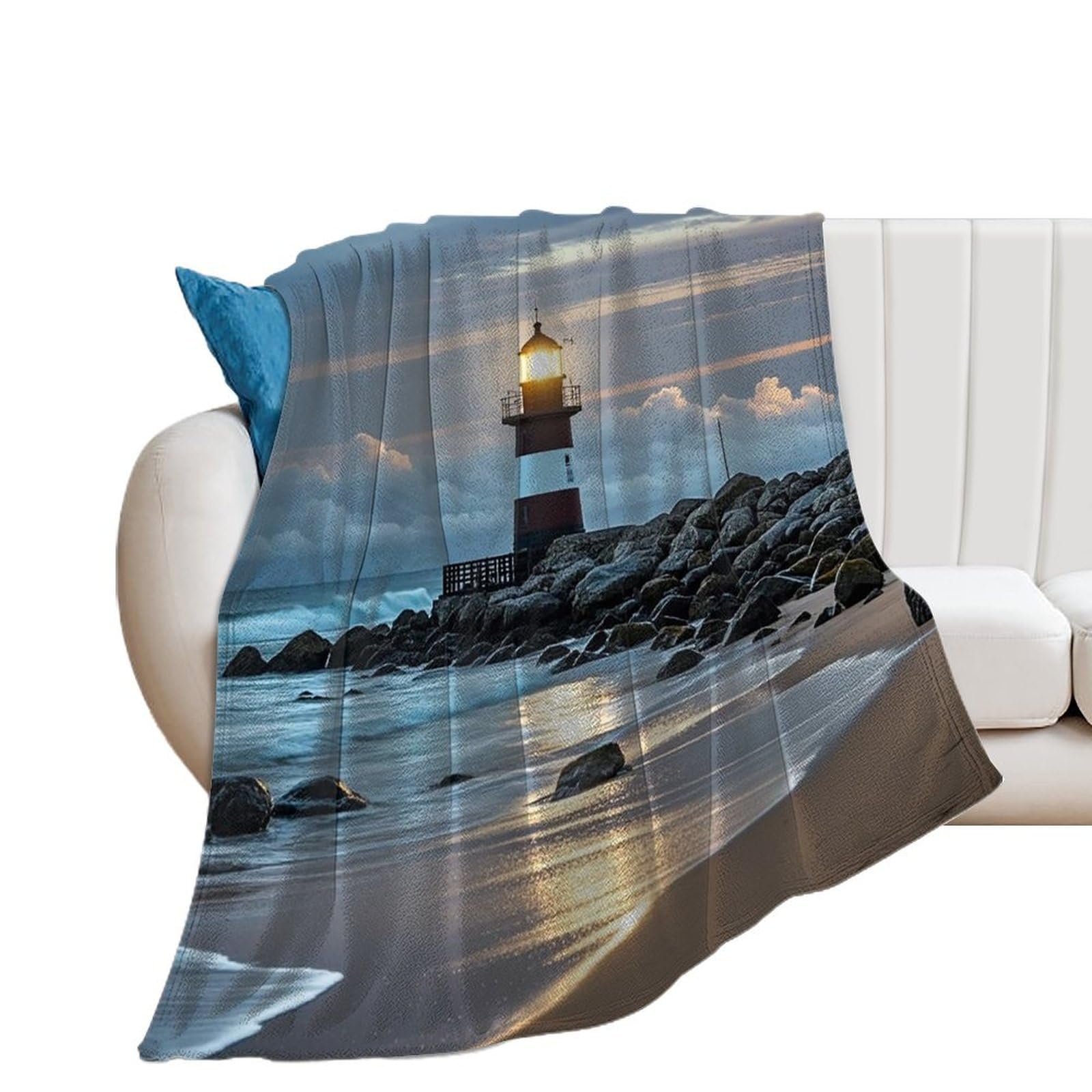 Couverture phare de mer : plaid doux toutes saisons pour canapé