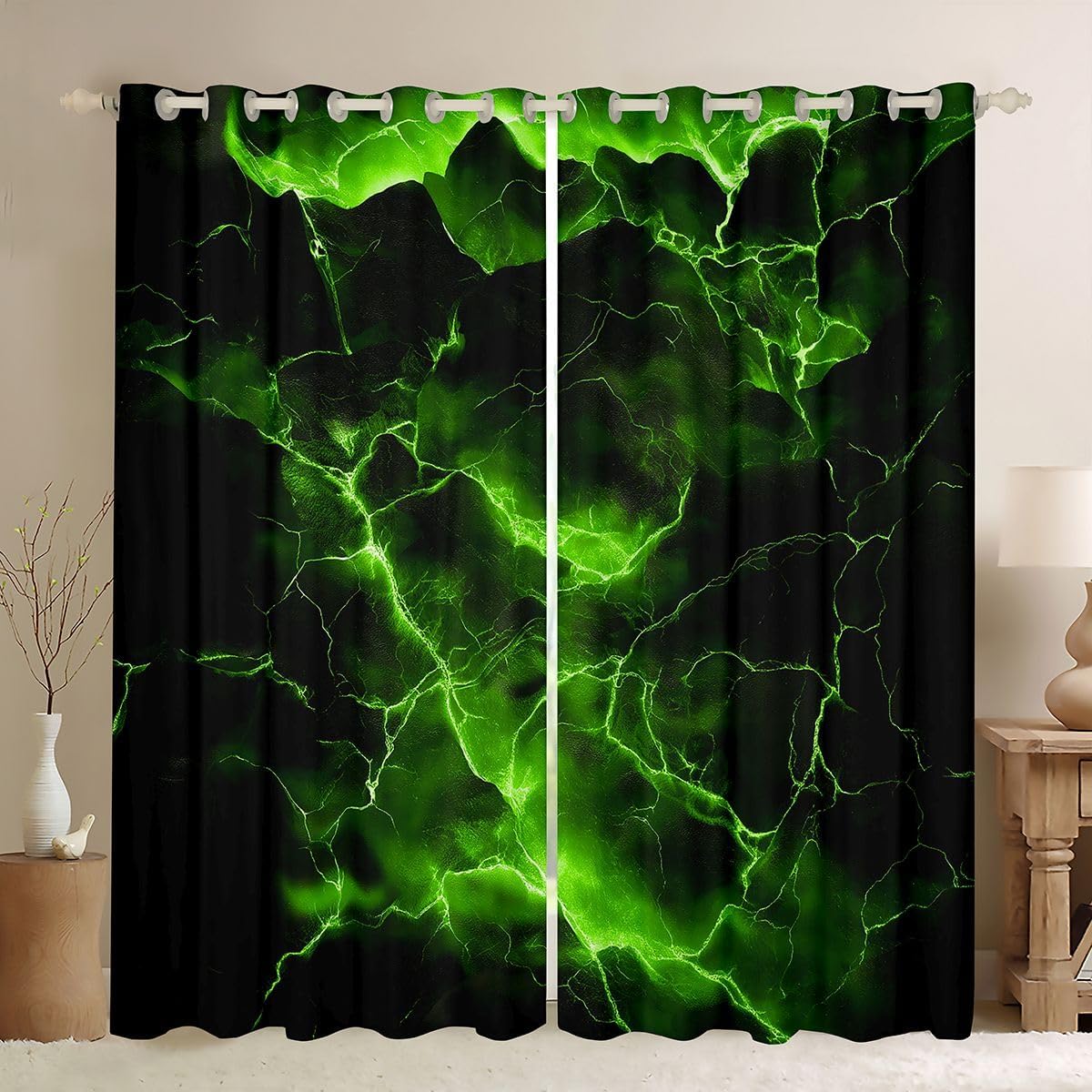 Feelyou Green Black Curtains for Bedroom Living Room Lightning Blackout Shades Geometric Room Darkening Curtain Modern Abstract Art Window Treatments, 2 Panels 38 x 45 Inch Luxury Decor