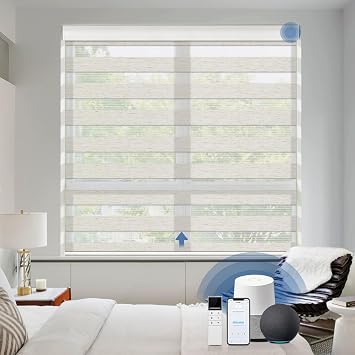 Keego Remote Control Window Blinds Alexa Automatic Shades Smart Motorized Zebra Blackout Blinds Custom Size for Living Room, Home and KitchenLight Filtering-Linen,35Wx72H