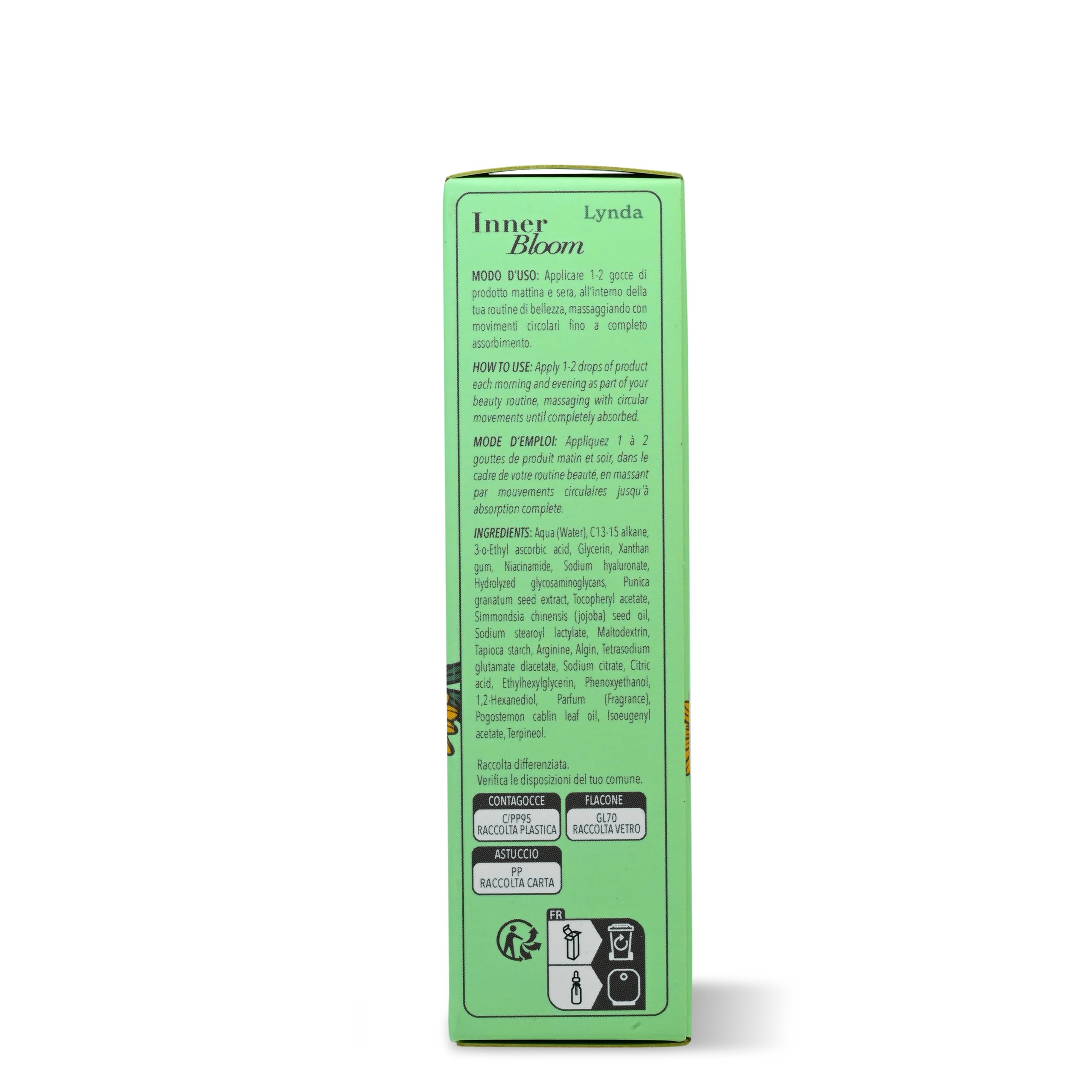 Lynda Inner Bloom, Siero Viso con Vitamina C, Vitamina B3, Melograno e Acido Ialuronico, Effetto Luminosità e Idratazione, 30 ml, Made in Italy
