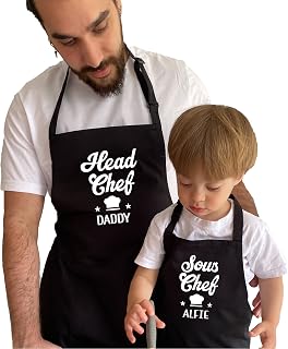 Personalised Matching Dad Kid Apron | Father's Day Christmas Birthday Gift for Him Men Man Father Dad Grandad | Head Chef Daddy Sous Chef Son Daughter