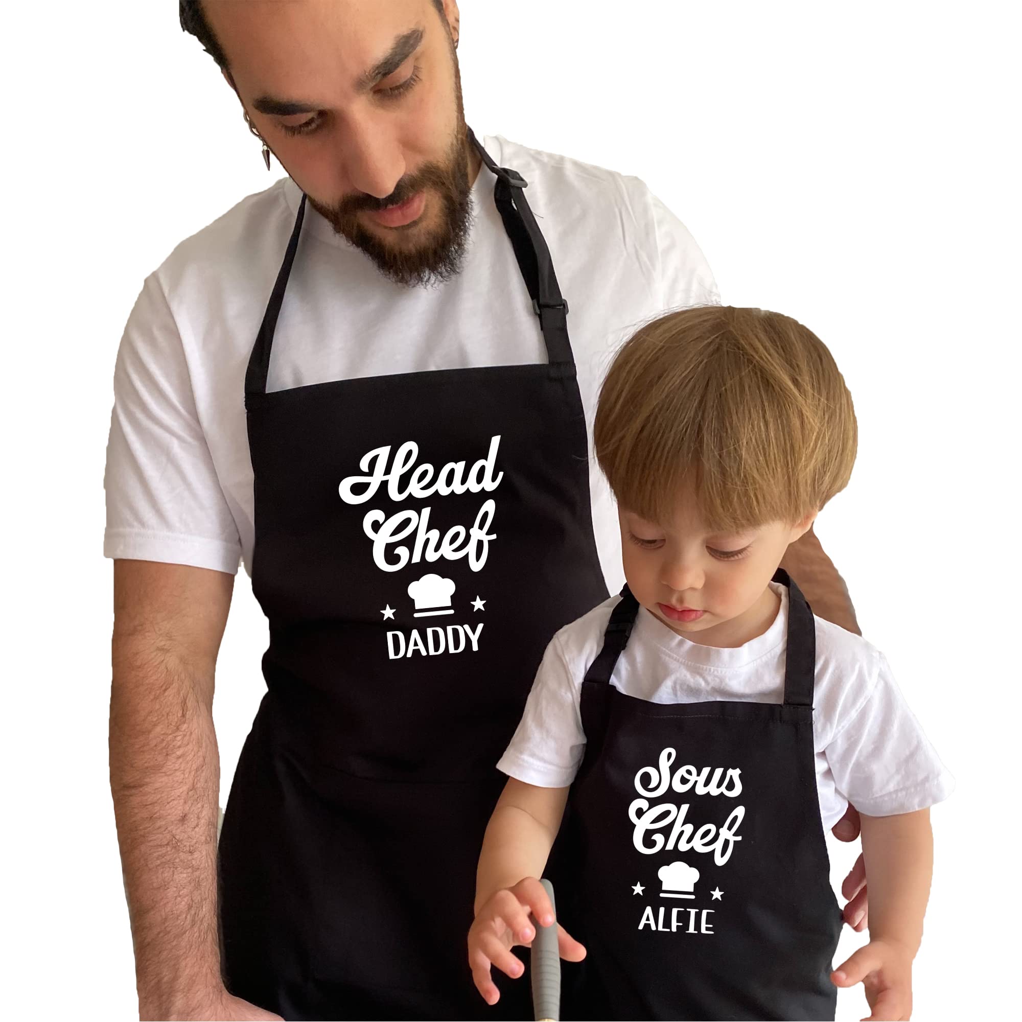 Pomchick - Personalised Matching Dad Kid Apron | Father's Day Christmas Birthday Gift for Him Men Man Father Dad Grandad | Head Chef Daddy Sous Chef Son Daughter