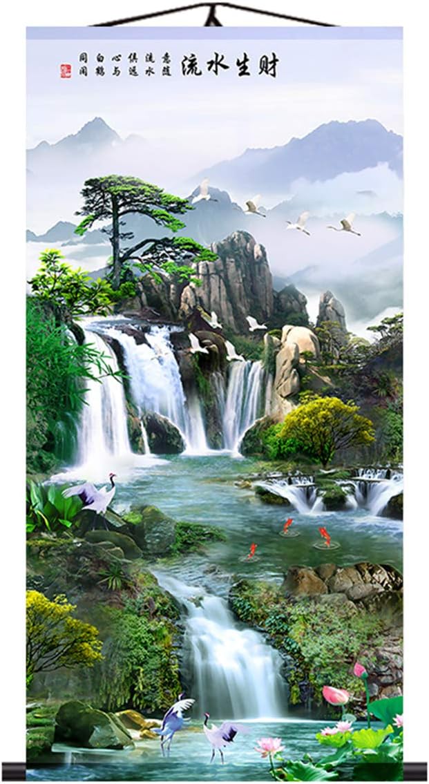 Zzooi Chinese Fengshui Decorative Painting Look Alive Propitious Animals Waterfalls Wall Art Hanging Silk Painting Scroll,Feng Shui Decor