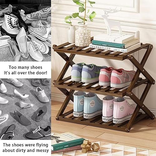 Miniatura 6 de Zapatero plegable de bambú para zapatos, organizador de 3 niveles, multifuncional, de pie, para armario, entrada, pasillo, sala de estar, puerta