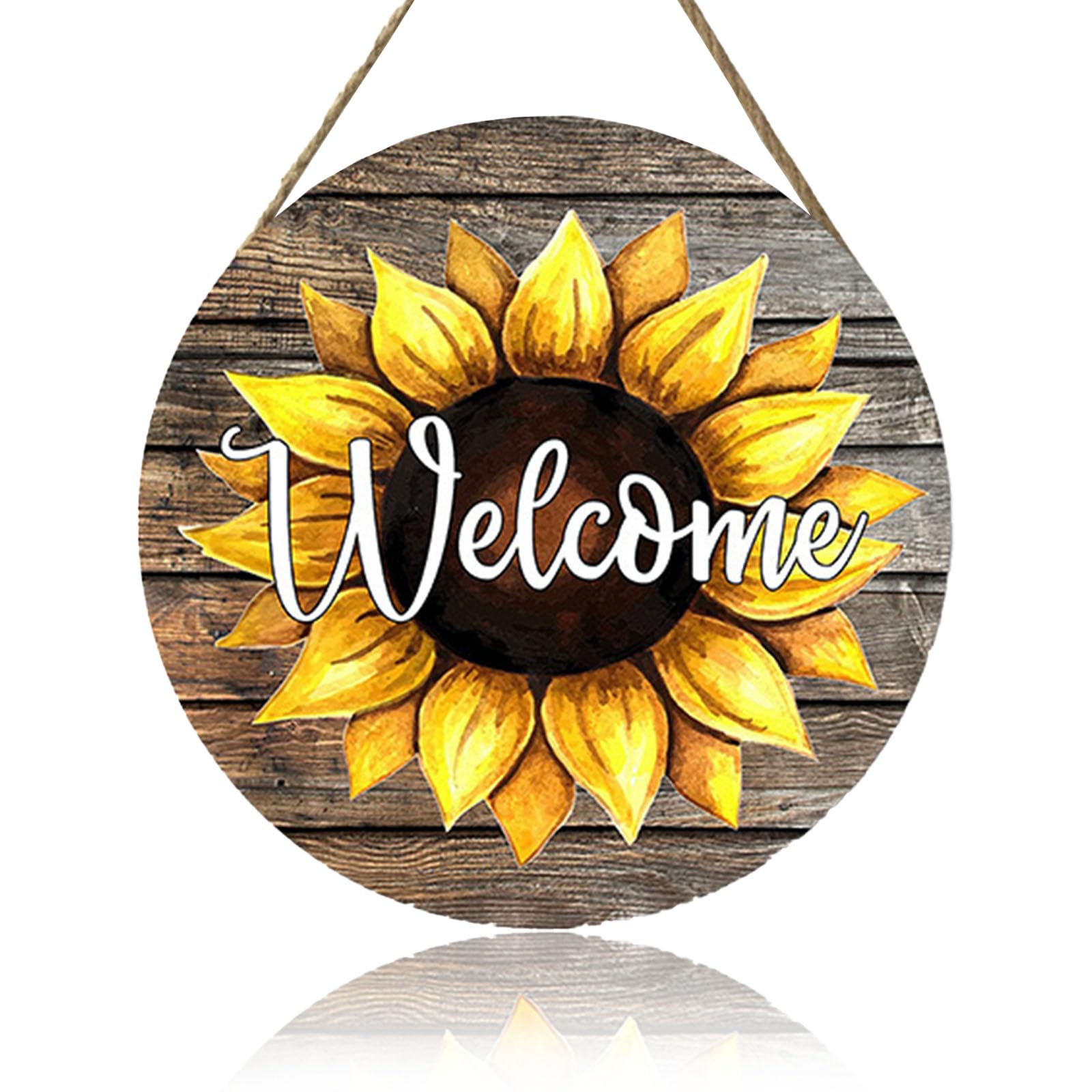 VGRDTW Signs & Plaques, Garden Signs, Welcome Sign, Wooden Round Sunflower Wall Decor for Home Outside Garden Front Door Hallway Living Room 20x20cm