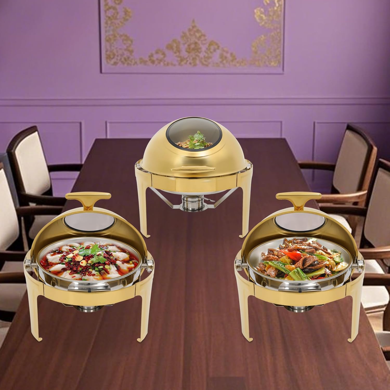 6.34QT Round Chafing Dish Buffet Set, 3 Pack Stainless Steel Buffet Servers and Warmers, Gold Catering Chafer Set with Lid Holder and Fuel Holder, Food Warmers for Parties Weddings (3 Pack)