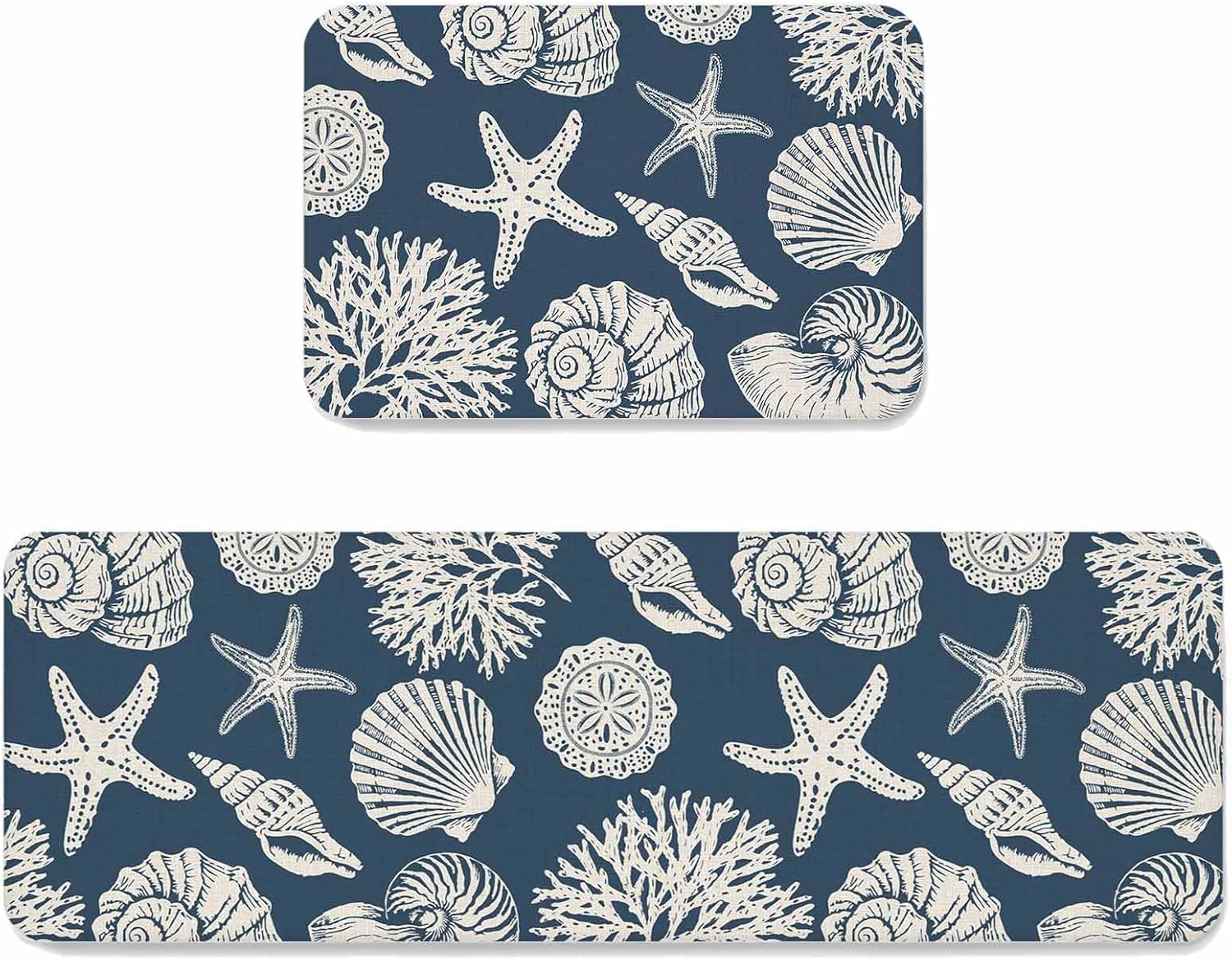 Summer Marine Life Kitchen Mats Set of 2 Graffiti Corals Shell Conch Sea Starfish Blue Non Slip Mat Washable Floor Rug for Kitchen Sink Floor Laundry, 20"x24"+20"x48"