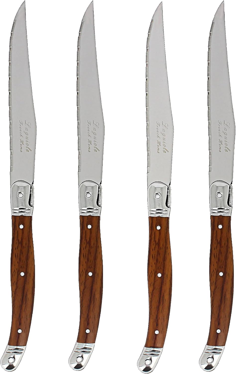 French Home Laguiole 4-Piece Steak Knife Set – Sophisticated Stainless Steel Dinner Knives with Wood Grain Handles & Iconic Bee Emblem – Serrated Knives for Smooth Cutting (9.25")
