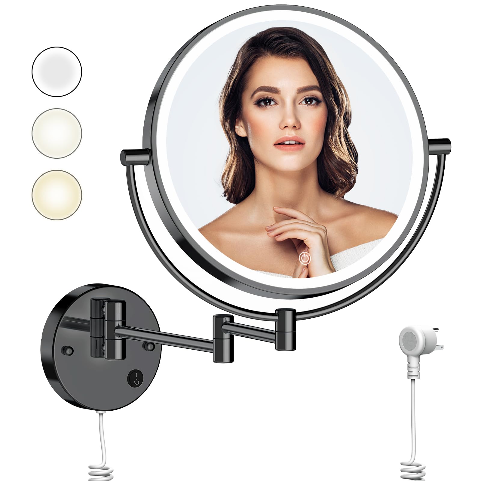 Rocollos 9" Plug-in Wall Mounted Lighted Makeup Mirror 1X/10X Magnification, Super Large Double Sided LED Vanity Mirror for Bathroom (Black)