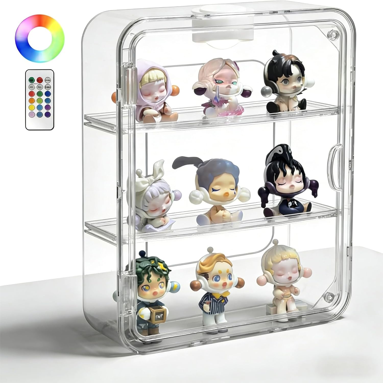 Clear Acrylic Display Case, Figures Display Box Wall Mounted with Lights for Pop Mart Funko Collectibles LEGO Minifigures Mini Action Figurines Mini Toys Pop,3 Tiers Detachable Desktop Dustproof