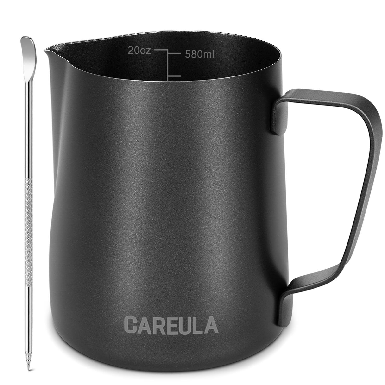 Jarra de espuma de leche, jarra de acero inoxidable de 20 onzas, jarra de vapor, barra de café, capuchino, espresso, accesorios de máquina de barista, jarra de leche de metal con bolígrafo de arte