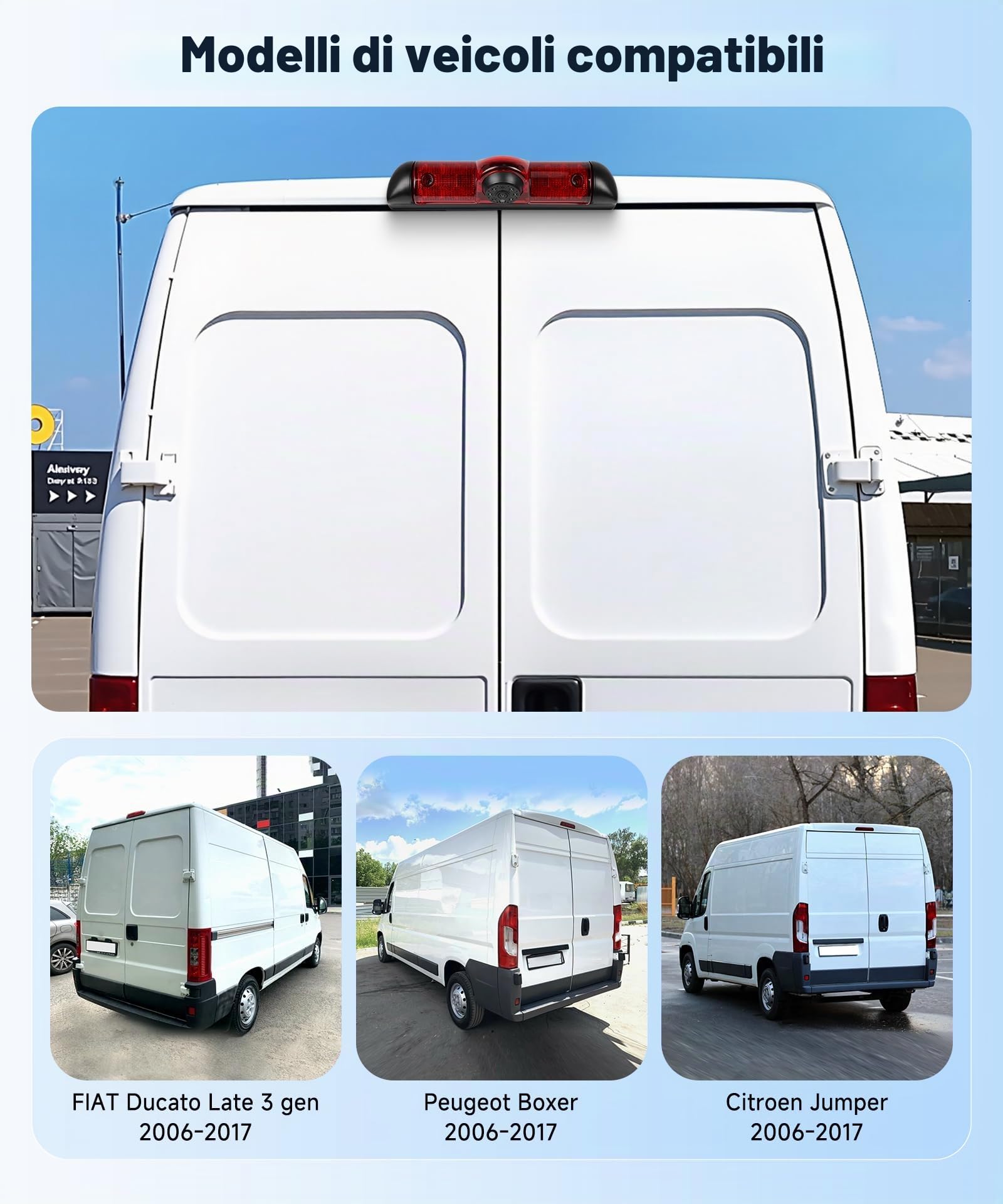 Rimoody Terza Luce di Stop Telecamera Posteriore per FIAT Ducato late 3 gen 2006-2017/Peugeot Boxer 2006-2017/Citroen Jumper 2006-2017, Visione Notturna IR/Impermeabile IP67/Angolo Regolabile AHD&CVBS