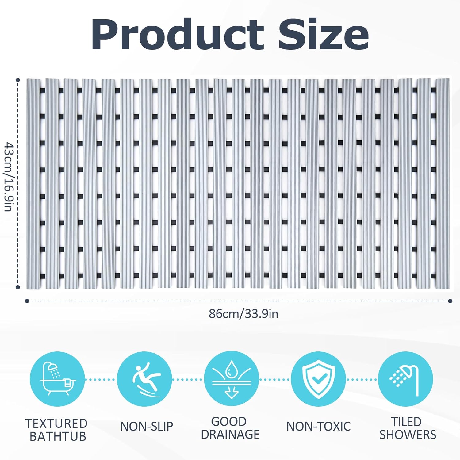 Grey Weighted Non Slip Bathtub Mat Without Suction Cups,Textured TPE Bath Mat for Textured Tub & Shower Surfaces,Doesn't Float, Works on Tile and Stone(33.5”x 17”)