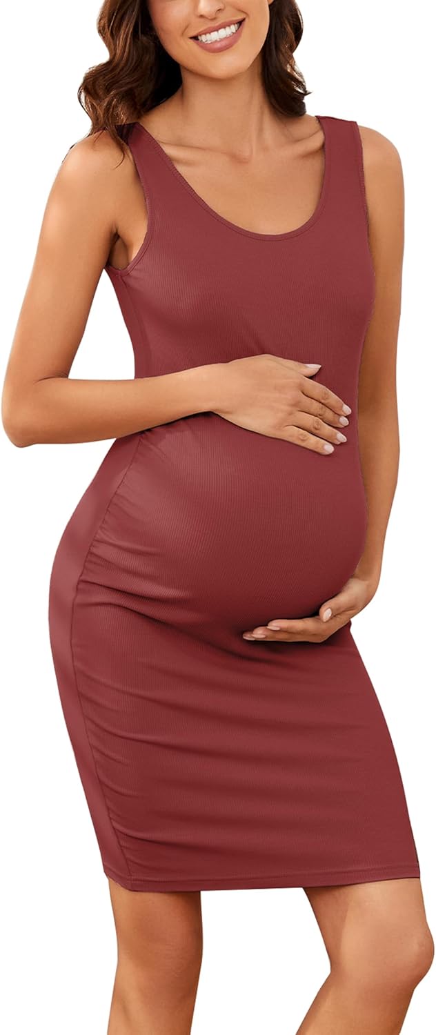 Ecavus Women's Maternity Ribbed Slim Fit Dress Sleeveless Tank Dresses Scoop Neck Pregnancy Bodycon Dress for Casual Wear