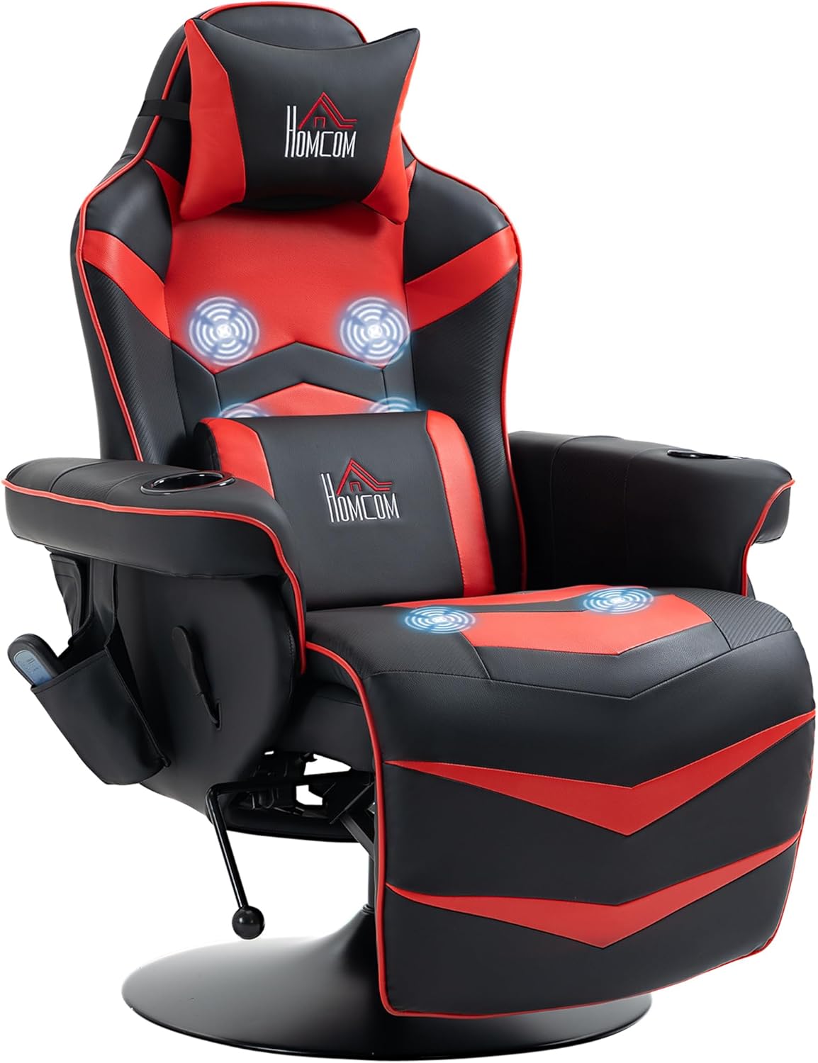 Sedia da Gaming Massaggiante e Reclinabile con Poggiapiedi, Portabicchieri e Cuscino, Sedia Ergonomica in Finta Pelle, Acciaio, 79.5x82.5x111.5 cm, Nero e Rosso