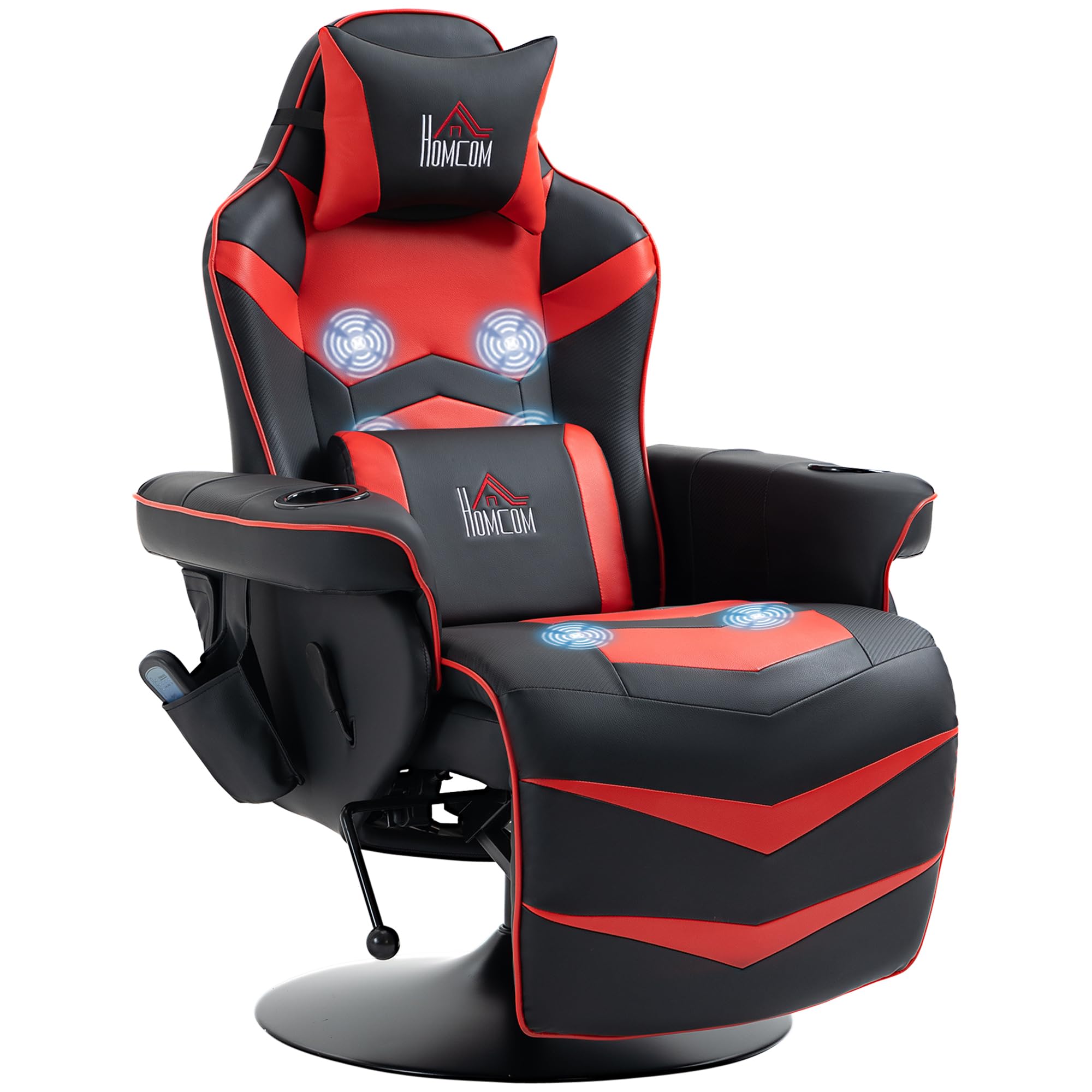 HOMCOM Sedia da Gaming Massaggiante e Reclinabile con Poggiapiedi, Portabicchieri e Cuscino, Sedia Ergonomica in Finta Pelle, Acciaio, 79.5x82.5x111.5 cm, Nero e Rosso
