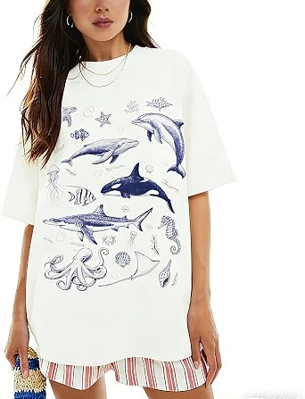 Women Teens Girl Oversized Graphic Shirts Short Sleeve Floral Baggy Tees Y2K Cute Aesthetic Summer Coastal Tops