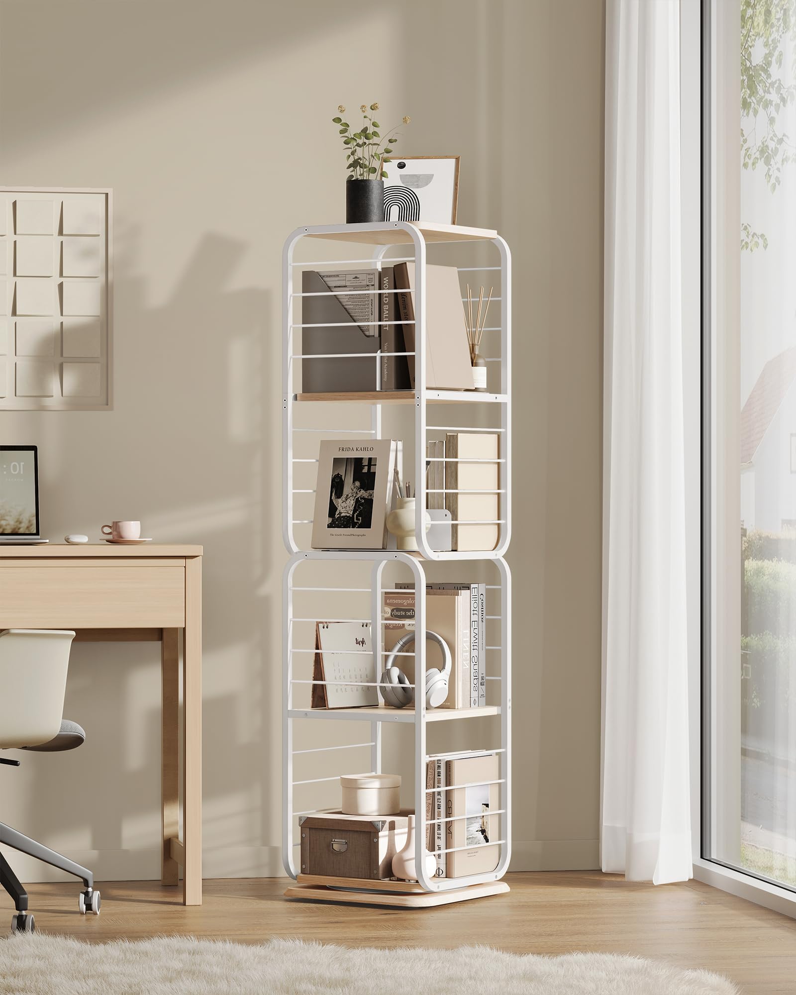 VASAGLE Bücherregal 4 Ebenen, drehbares Regal mit Buchstützen, Standregal für kleine Räume, Aufbewahrungsregal, Eckregal, Stahlrahmen, naturbeige-wolkenweiß LLS127W67