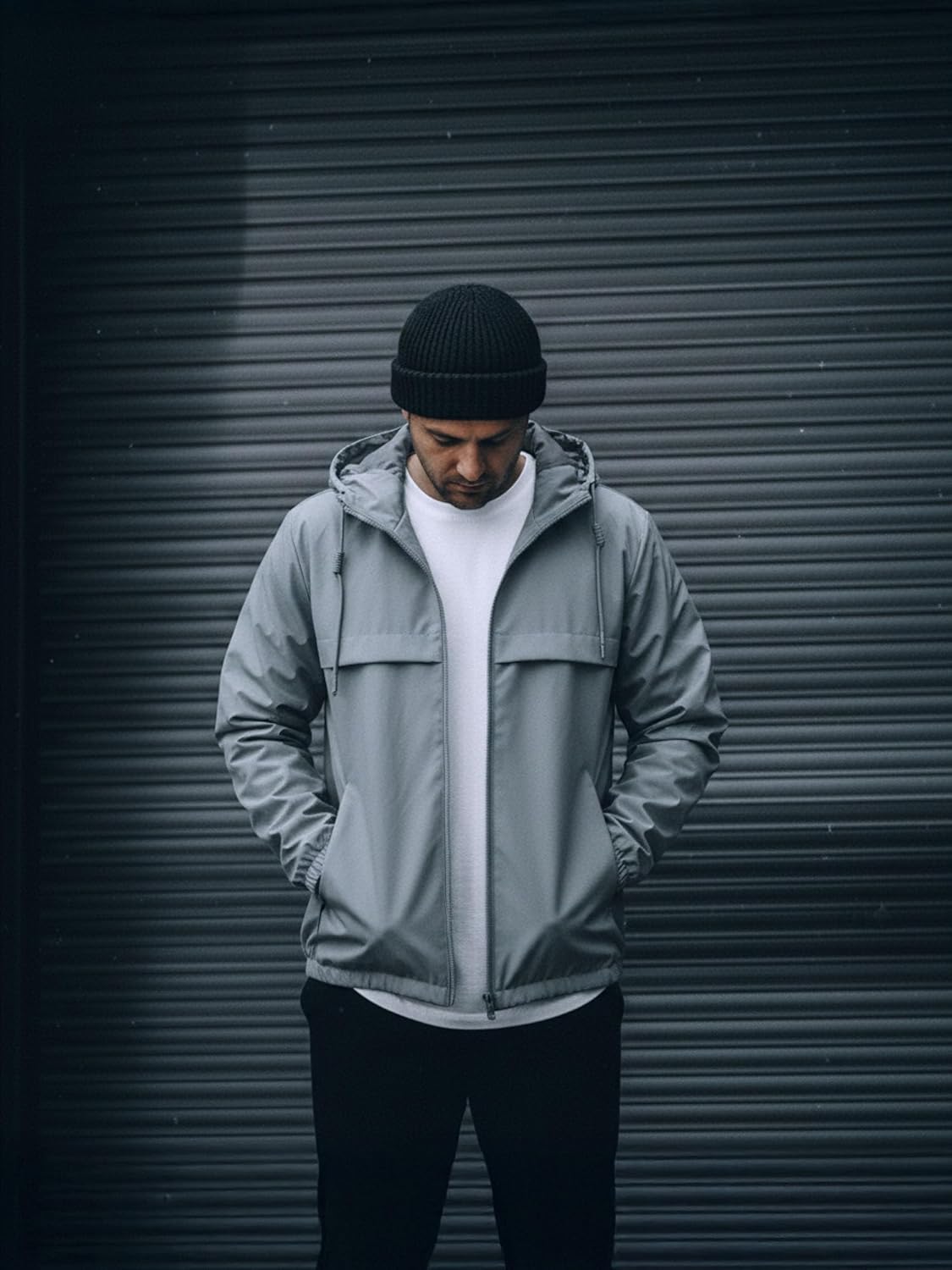 Men's Hooded Windbreaker Jacket, Black, Grey,Full Zip, Lightweight with Pockets