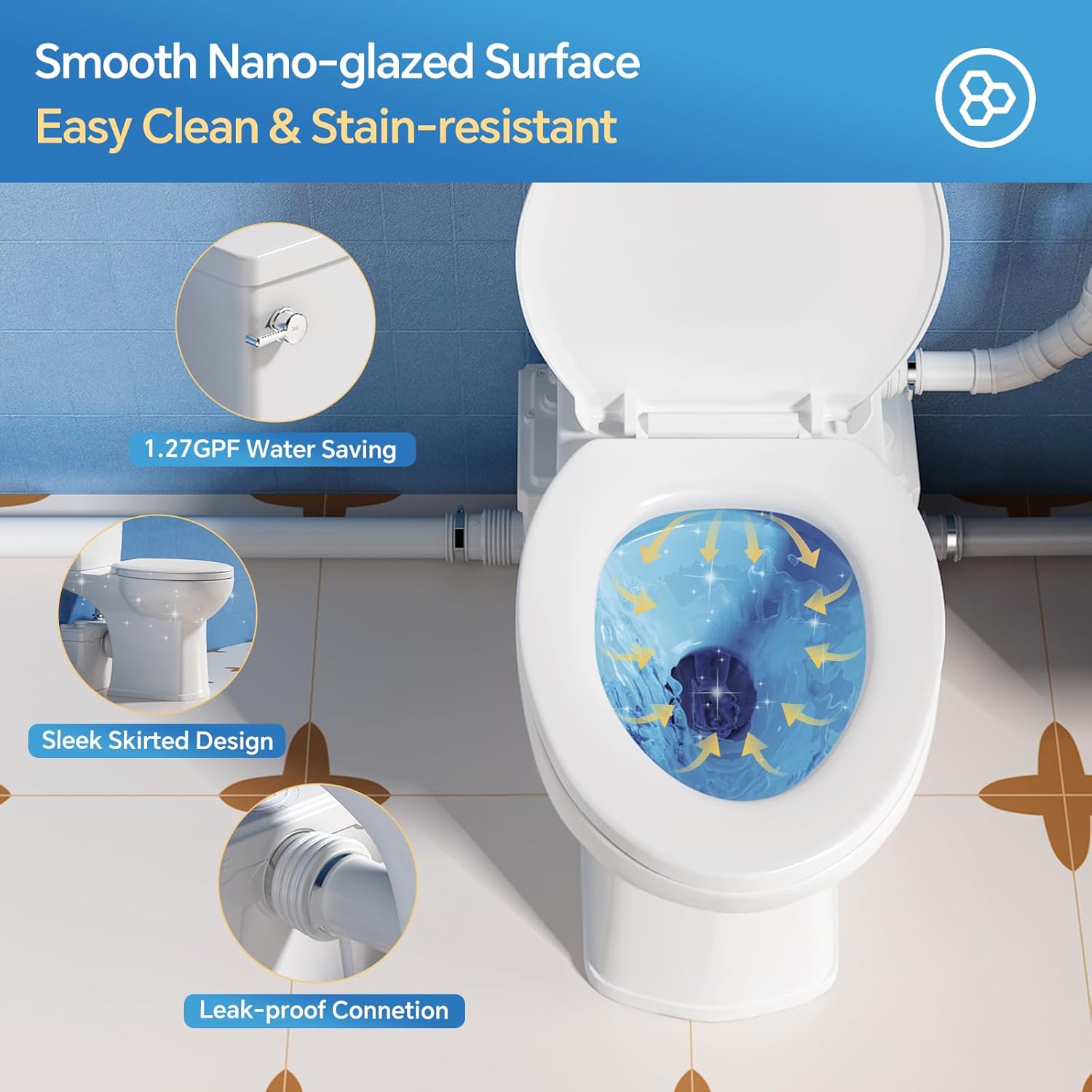 Upflush Macerating Toilet System – 21" ADA Compliant Elongated Toilet with Macerator Pump Durable Copper Grinder with 4 Inlets for Basement Kitchen, Shower, Sink & Laundry, Extension Pipe Included