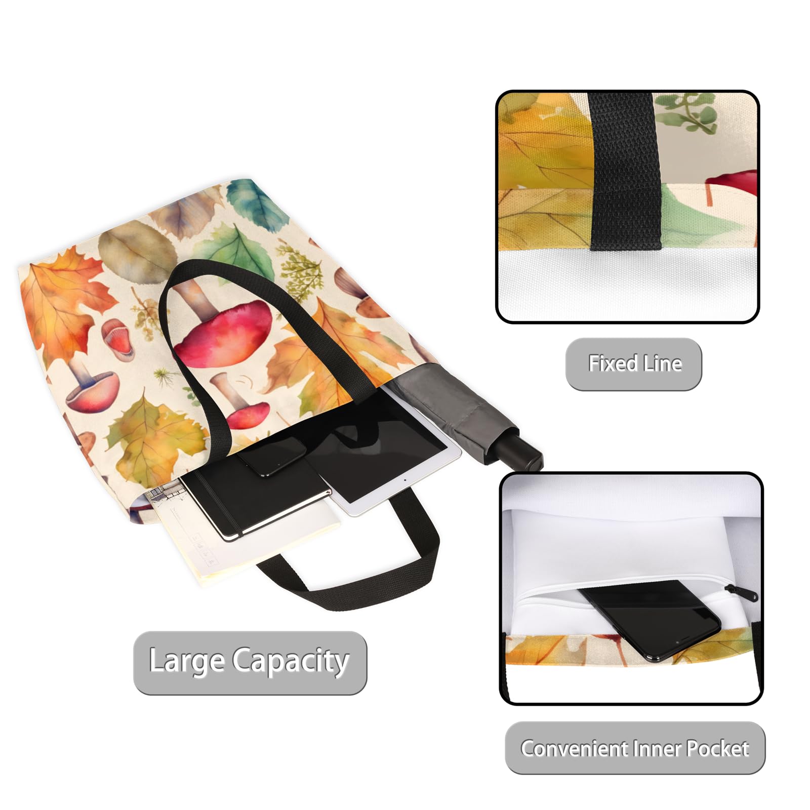 Watercolor Leaf Mushrooms Large Capacity Canvas Tote Bag Stylish Handheld Shoulder Bag Reusable Shopping Bag for Work Travel Beach Trips Shopping