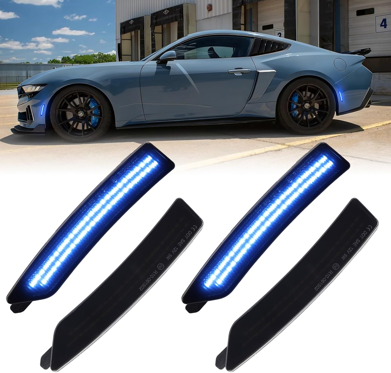 Blue LED Side Marker Lights for 2024 2025 Ford Mustang S650 Dark Horse EcoBoost GT GTD Front Rear Bumper Reflector Signal Lamps, Smoked Lens, Pack of 4