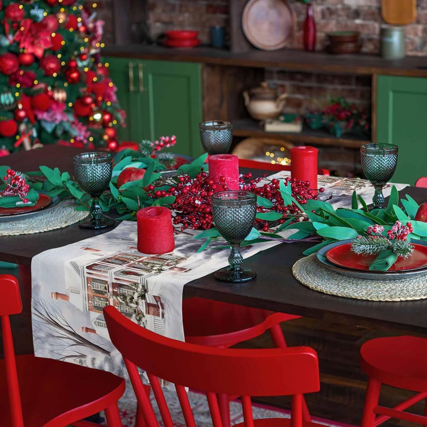 Christmas Table Runners 60 Inches Long Xmas Tree Winter House Snowflakes Snow Scene Table Runner for Family Dinner/Wedding/Outdoor Indoor Party, Cotton-Polyester Blend Dresser Scarf Table Decorations