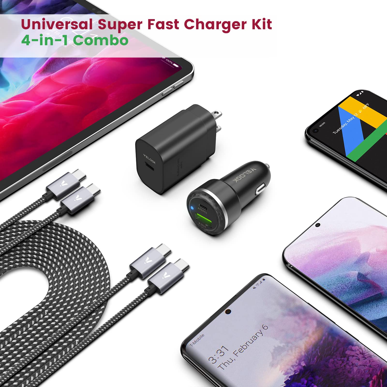 VELOGK - Kit caricabatterie super veloce tipo C, 25 W, PD PPS USB C, caricatore da parete/auto per Samsung Galaxy S23 Ultra/S23+/S23/S22/S21/S20/Plus/Ultra/FE/Note 20/10/A71, iPad Pro, con 2 cavi USB