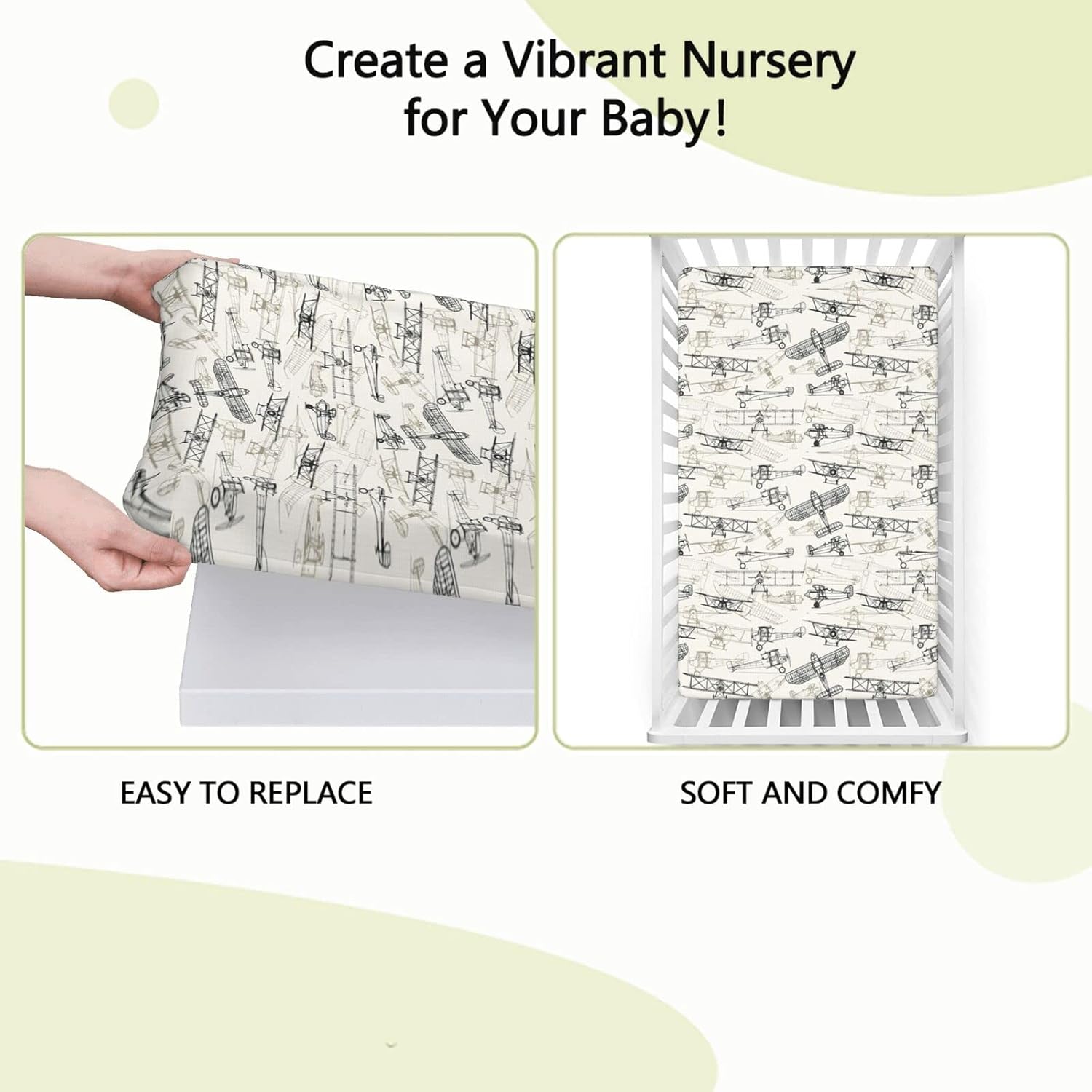 Airplane Themed Fitted Crib Sheet,Standard Crib Mattress Fitted Sheet Soft & Stretchy Fitted Crib Sheet-Baby Sheet for Boys Girls, 28“ x52“,Olive Green Tan Charcoal Grey