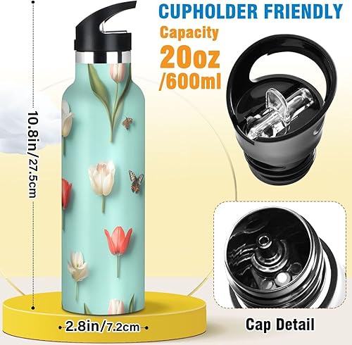 Miniatura 2 de Botella de agua estética de tulipán verde azulado para niños, con tapa de boquilla a prueba de fugas, aislamiento al vacío de doble pared, ligera