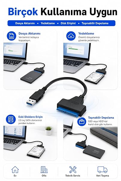 USB to Sata Usb 3.0 to Sata 22PIN 2,5 inç Adaptör HDD SSD Harici Sabit Disk Dönüştürücü Kablo