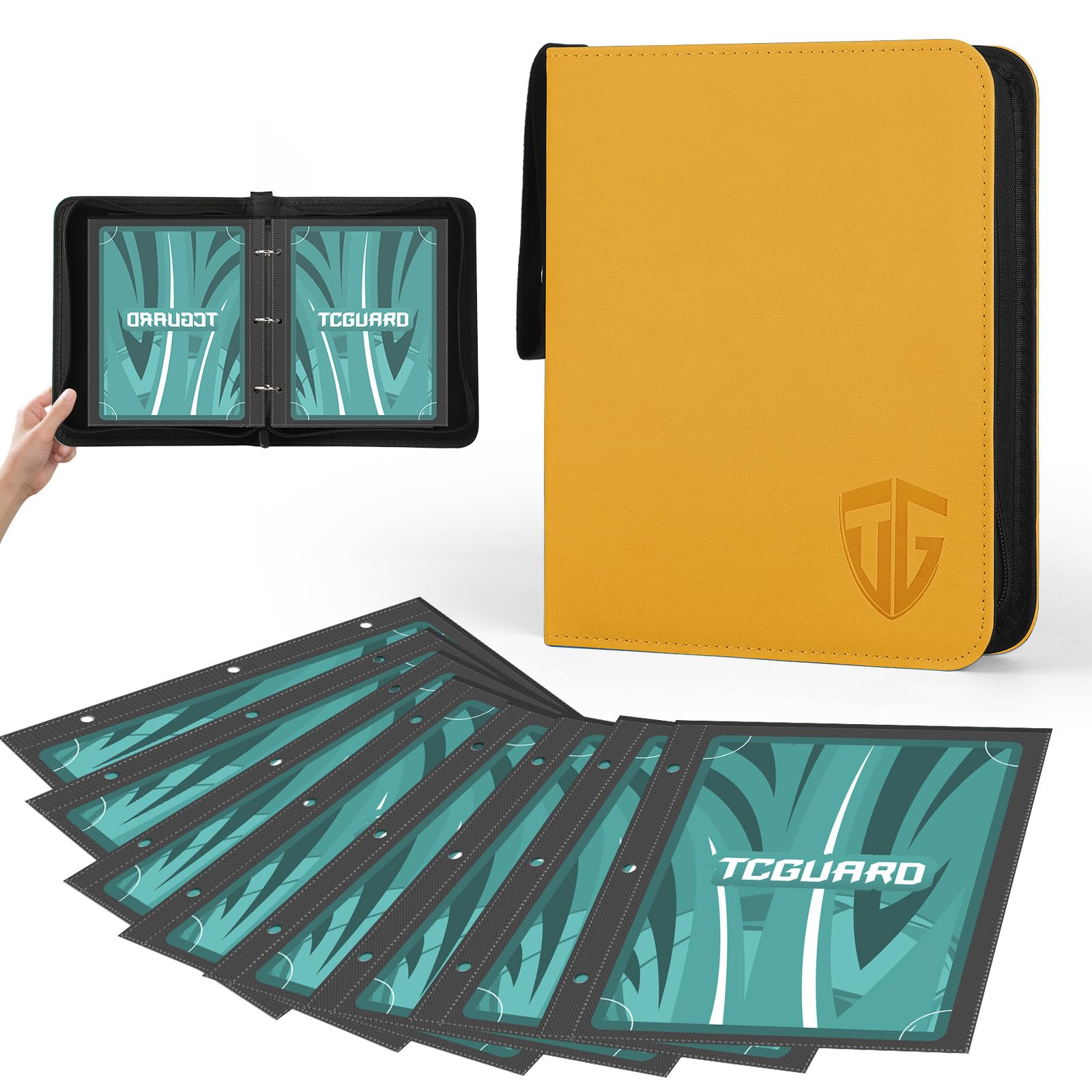 TCGUARD Scrapbook Large for Jumbo Card, PU Material with Zip Card Binder for up to 100 XXL Cards, 15.5 x 21 cm for Oversized Cards e.g. VMAX, V or EX, Promo Cards GX Vere etc. Yellow