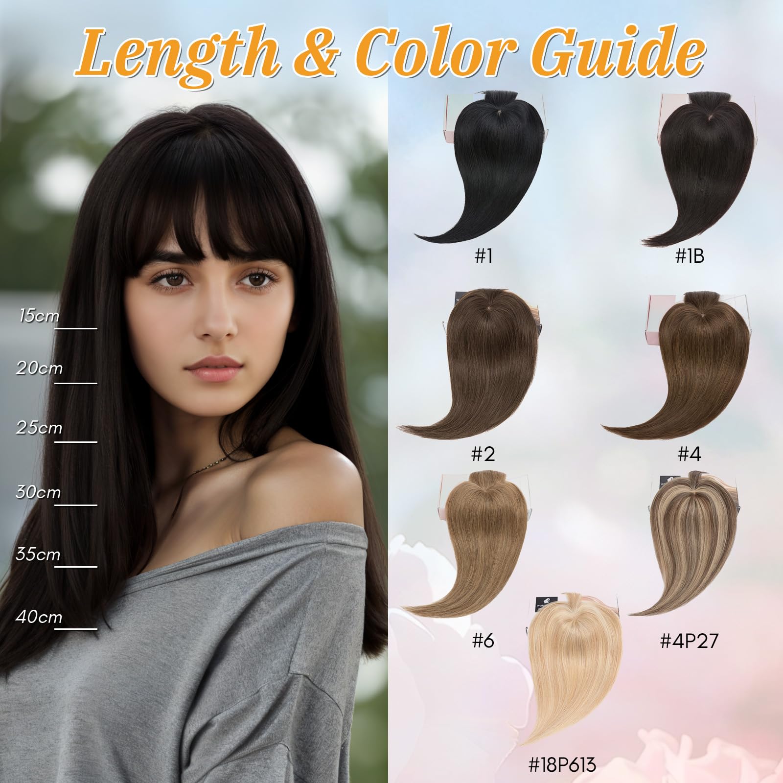 Elailite Hair Topper Donna Capelli Veri Clip 40cm #1B Nero Naturale Toupet Toupee Frangia Capelli Naturali Indiani Protesi 10cm*10cm con Mono 42g