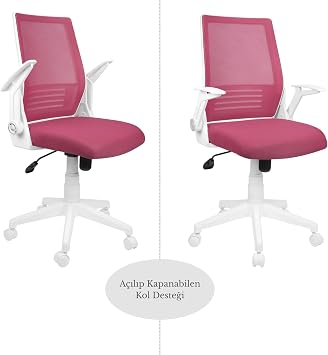 Beyaz Katlanır Kollu Çalışma Sandalyesi | Luma Ofis Ve Bilgisayar Koltuğu (Fuşya Kumaş - Beyaz)