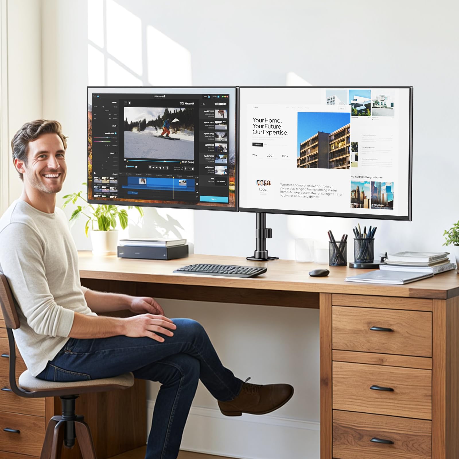 Soporte de Monitor para 2 monitores para Pantalla Plana y Curvada de 17 a 35 Pulgadas, inclinación, Giratorio y rotación, 20 kg por Brazo, VESA 75 x 75/100 x 100