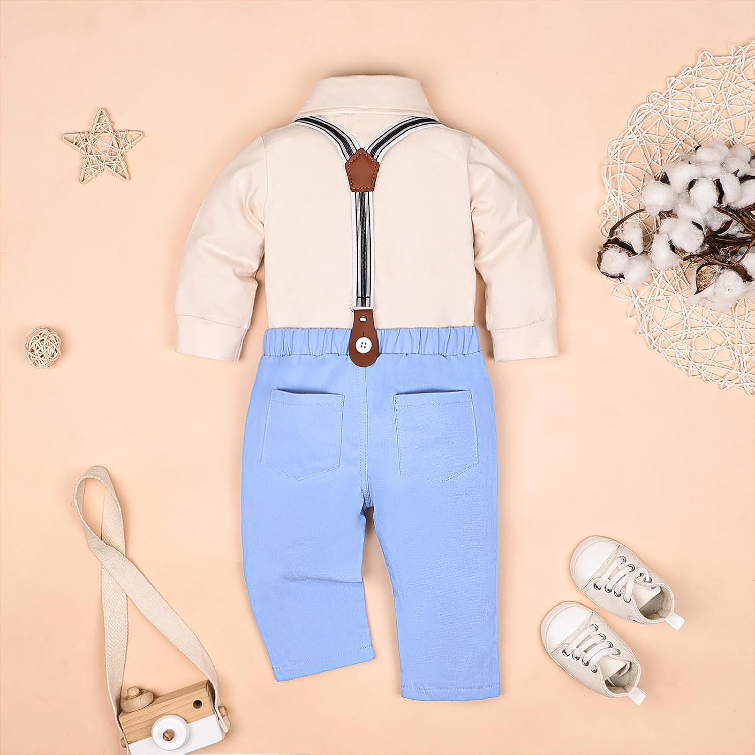 Baby Boy Clothes Gentleman Outfits Infant Bodysuit Long Sleeve Shirt with Bowtie Suspender Pants Suits Set 0-18M