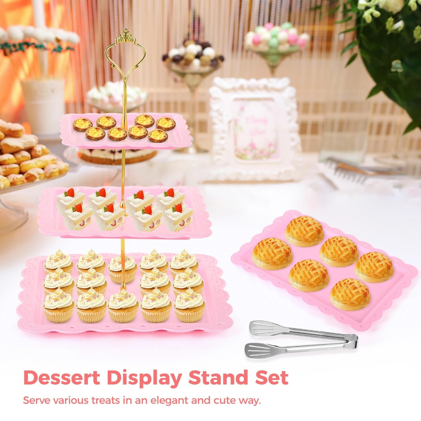 Bosreroy 7 Pcs Dessert Display Set, Cupcake Stands With 2 3-Tier Displays, 3 Trays, 2 Tongs For Wedding Or Party