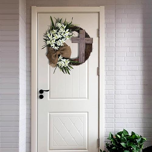 Miniatura 5 de KLKCMS Corona de Pascua de 1378 pulgadas con vid colgante con arpillera rústica para decoración de vacaciones boda vacaciones casa de campo sin