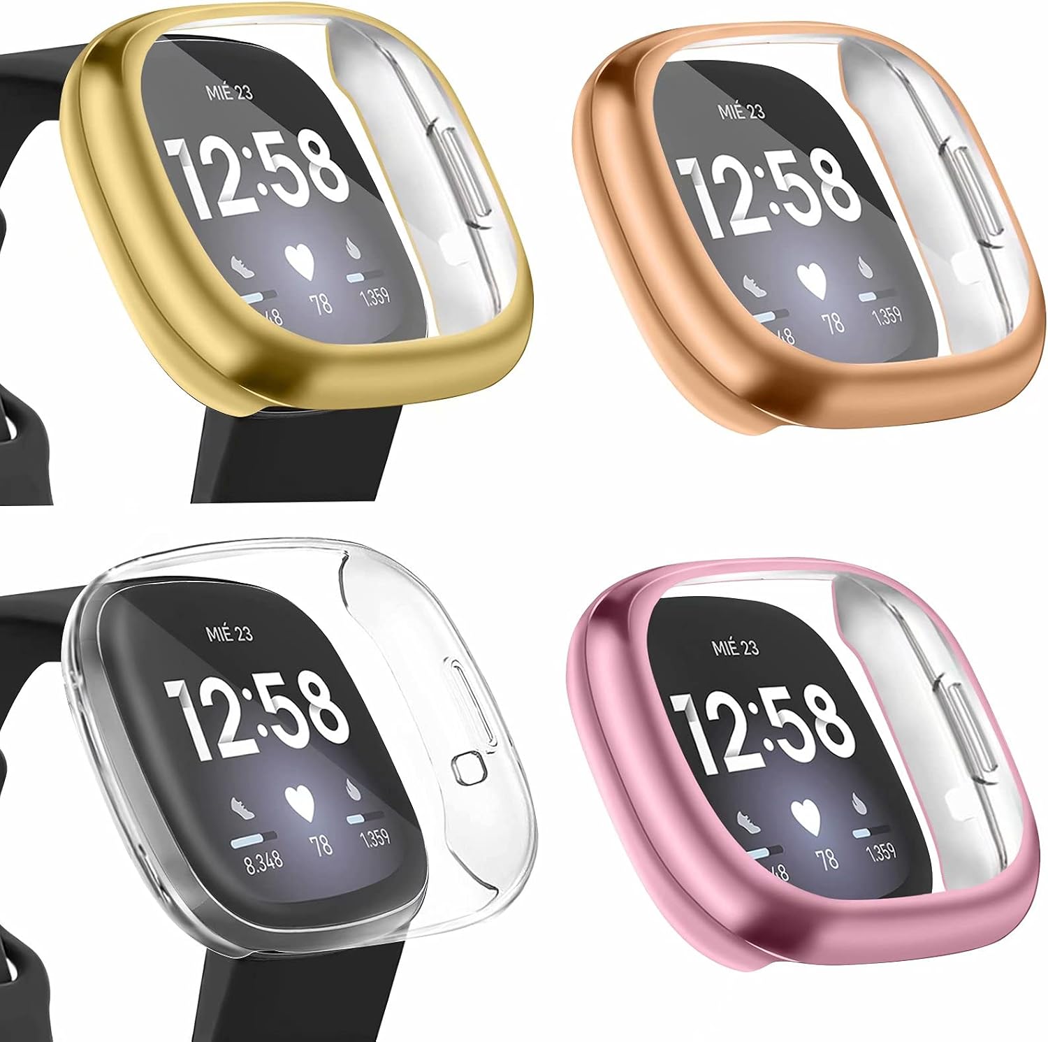 [4 Pack] Mugust Screen Protector Compatible with Fitbit Versa 3 Case and Fitbit Sense Case, TPU Plated Full Around Protective Case Cover for Fitbit Versa 3 Smartwatch (RoseGold, Gold, Clear, RosePink)