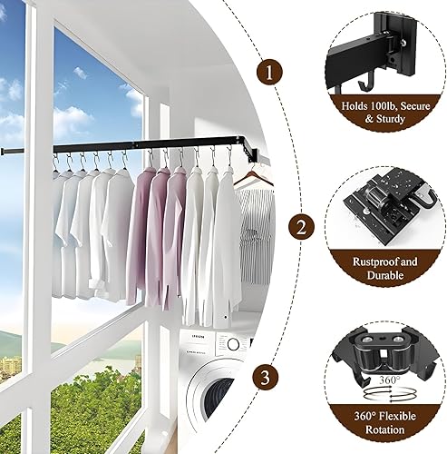 Miniatura 4 de SVELTHOME - Tendedero de secado de ropa plegable para montaje en pared, retráctil de tres pliegues, ahorro de espacio para cuarto de baño (negro)