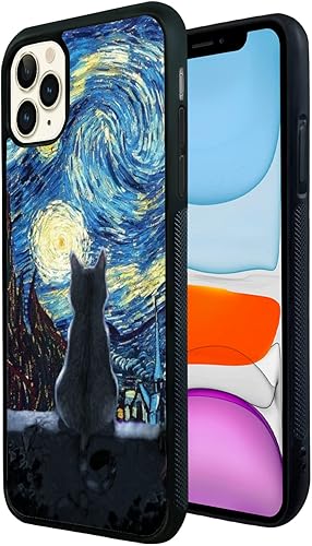 Miniatura 3 de Funda negra linda de gato para iPhone 11 Pro - 5.8 pulgadas Van Gogh linda de gato para iPhone, diseño de patrón antideslizante y absorción de