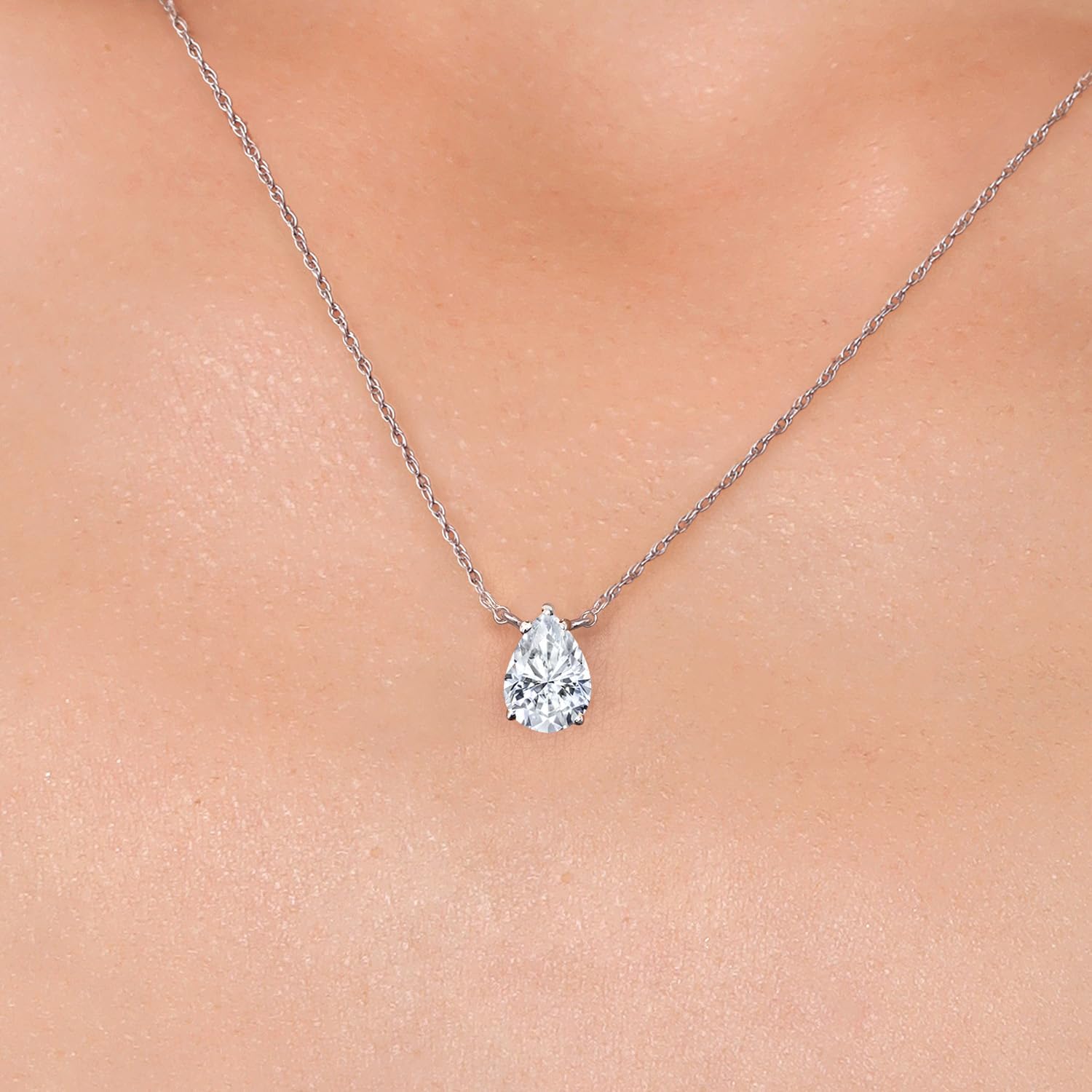 Gem Stone King 14K White Gold White Moissanite Pendant Necklace for Women | 1.15 Cttw | Gemstone Birthstone | Pear Shape 8X6MM | With 18 Inch Chain - Image 3