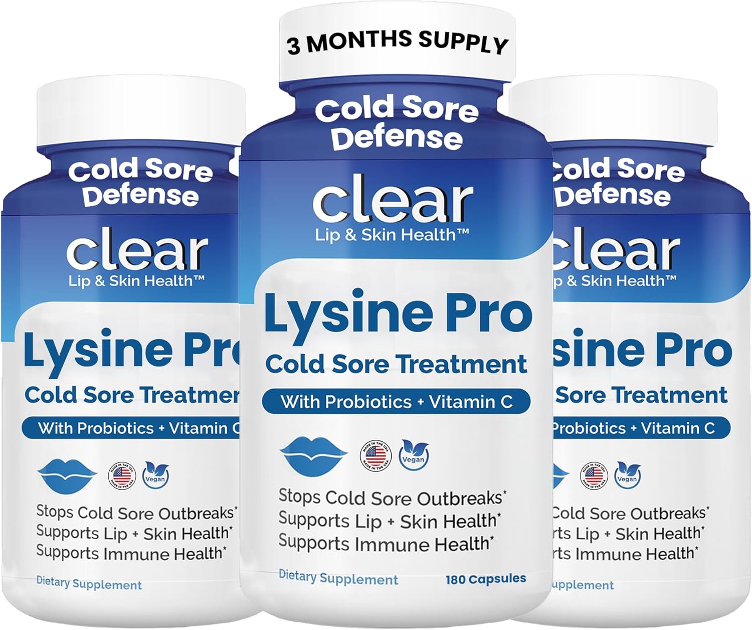 Lysine Cold Sore Treatment for Lips with Pre-Probiotics & VIT C | 3 Month Supply | Supercharged Lysine Capsules with Rhamnosus & Acidophilus for Cold Sores Relief, Skin + Gut Health & Immune Support