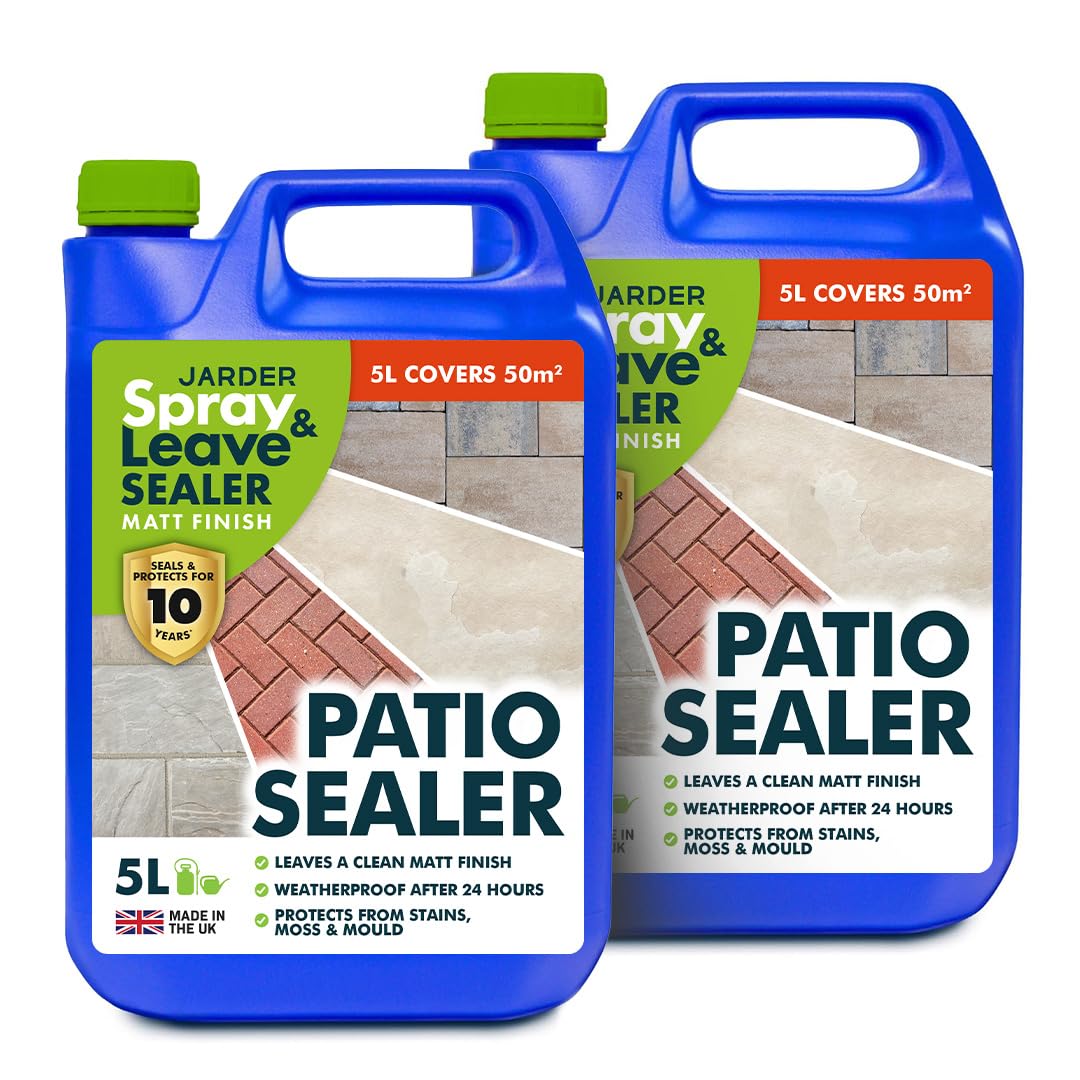 Jarder Spray & Leave Patio Sealer 2 x 5L - Seal and Protect Your Patio, Driveway and Paths for up to 10 Years - Use on Indian Sandstone, Concrete, Slabs, Stone & More - Covers 100m2