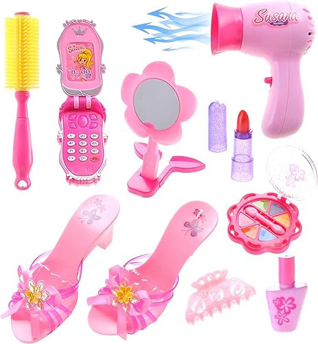 Elegante juego de belleza de princesa pequeña Juego de simulación realista Kit de moda rosa para niñas Juguetes para niñas Secador de pelo,