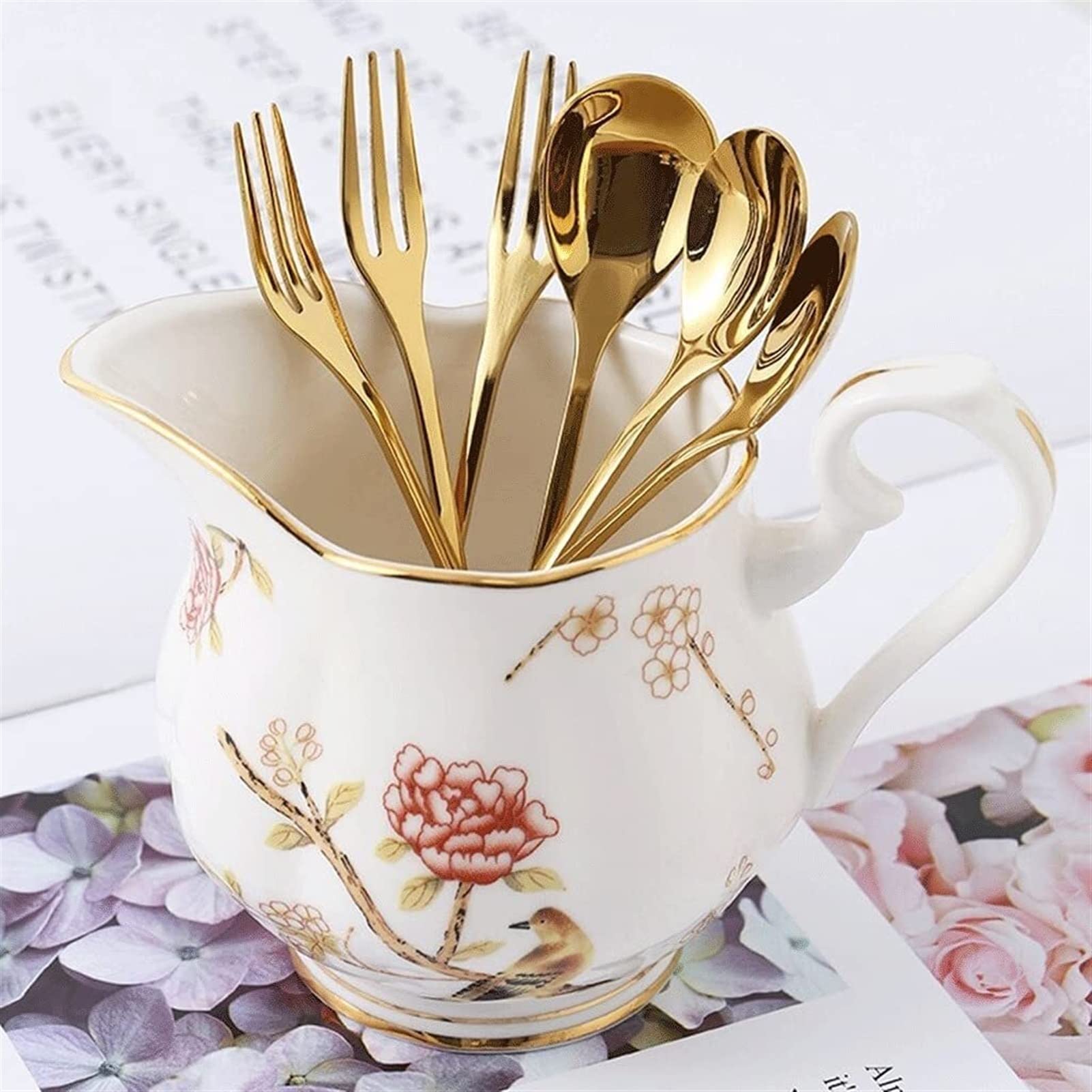 Cucharas De Mesa Conjunto de cubiertos cuchara tenedor acero inoxidable tarro almacenamiento cerámica, for hotel/postre pasada frutas Sopa Antigoteo Servir(6 spoons+storage can)