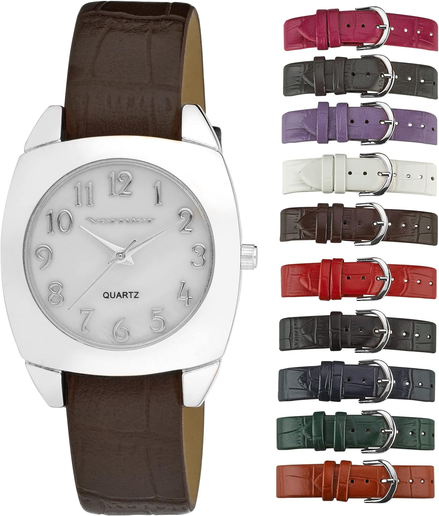 Women's Silver Case Mother of Pearl Dial 10 Strap Interchangeable Watch Set (VNR666572)
