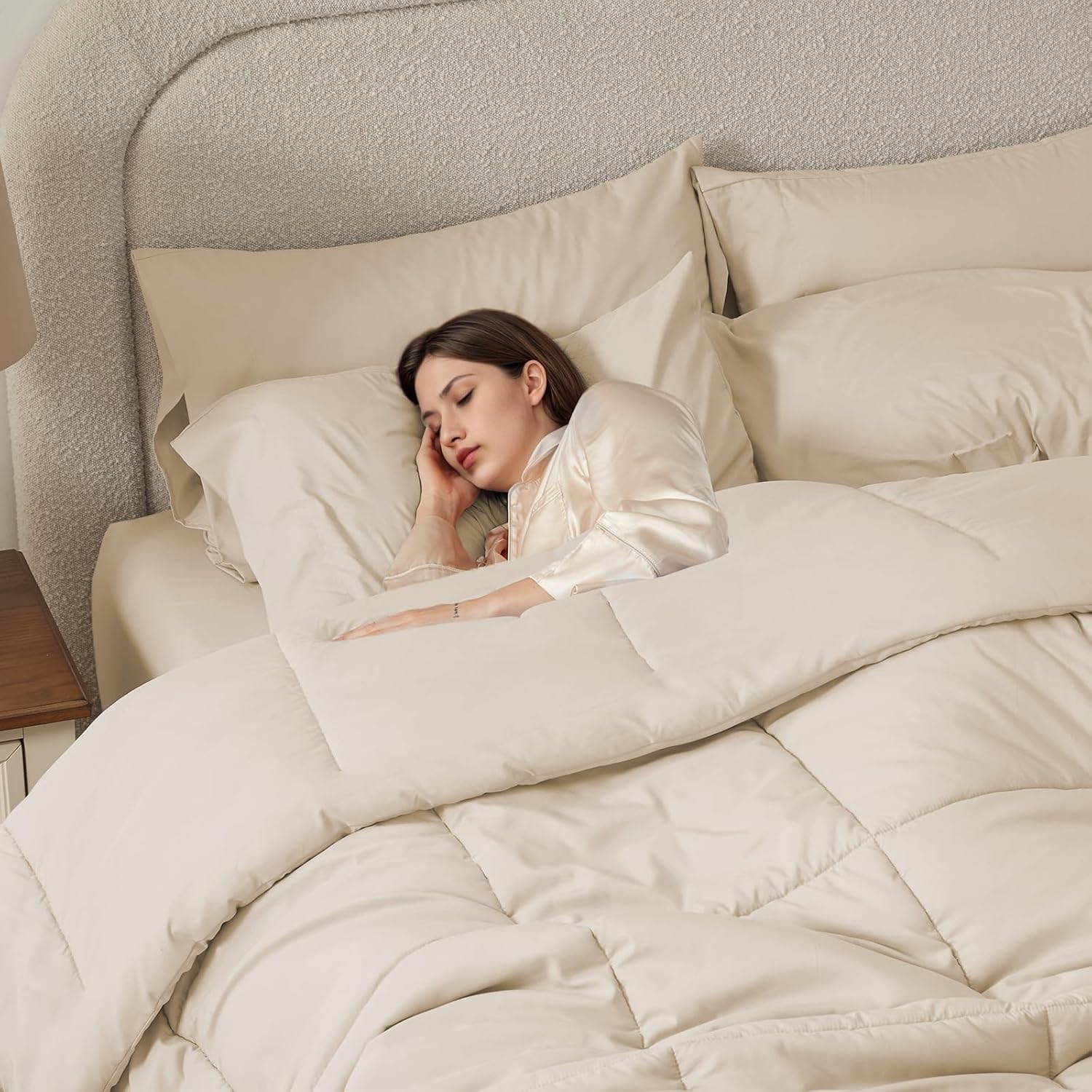 Anluoer Queen Comforter Set 7 Piece, Cream Bed in a Bag with Sheets, Comforters Queen Size Bedding Sets with 1 Comforter, 2 Pillow Shams, 2 Pillowcases, 1 Flat Sheet,1 Fitted Sheet - Image 3